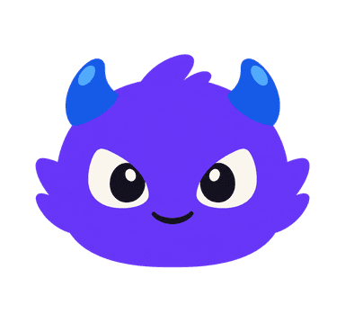 Friendly violet monster with electric-blue horns and a small smile.